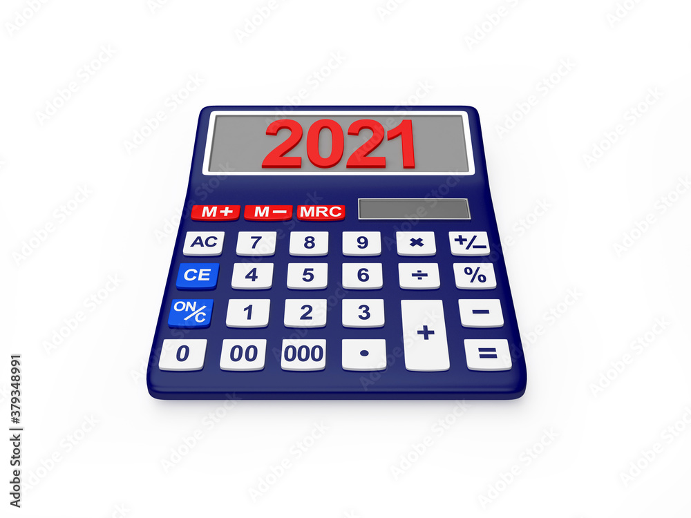 Calculator with numbers 2021 on the display isolated on a white background. 3D illustration  