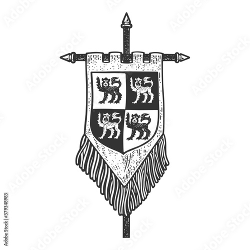 medieval flag banner standard with heraldic coat of arms emblem sketch engraving vector illustration. T-shirt apparel print design. Scratch board imitation. Black and white hand drawn image.