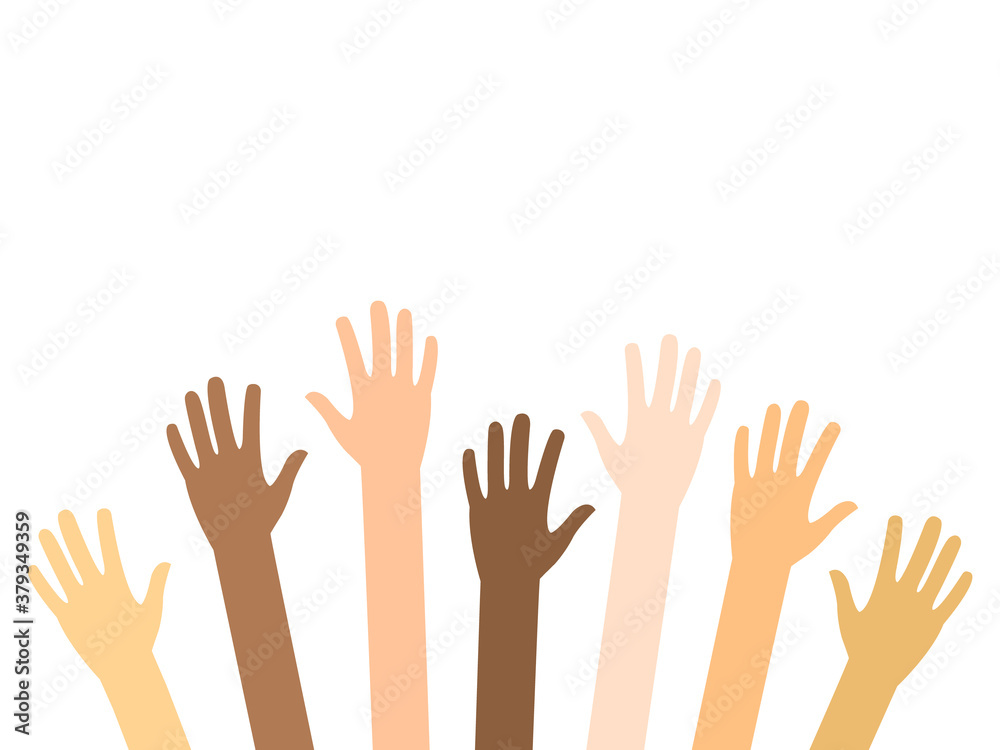 Raised hands of diversity people vector isolated on white. Teamwork and volunteering concept. Charity, crowd, collaboration illustration. Arms up with different skin color.