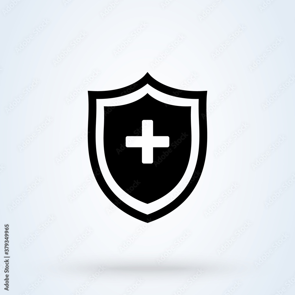 Obraz premium Immune system and medical shield sign icon or logo line. Medical health protection shield cross concept. Protected steel guard shield outline illustration.