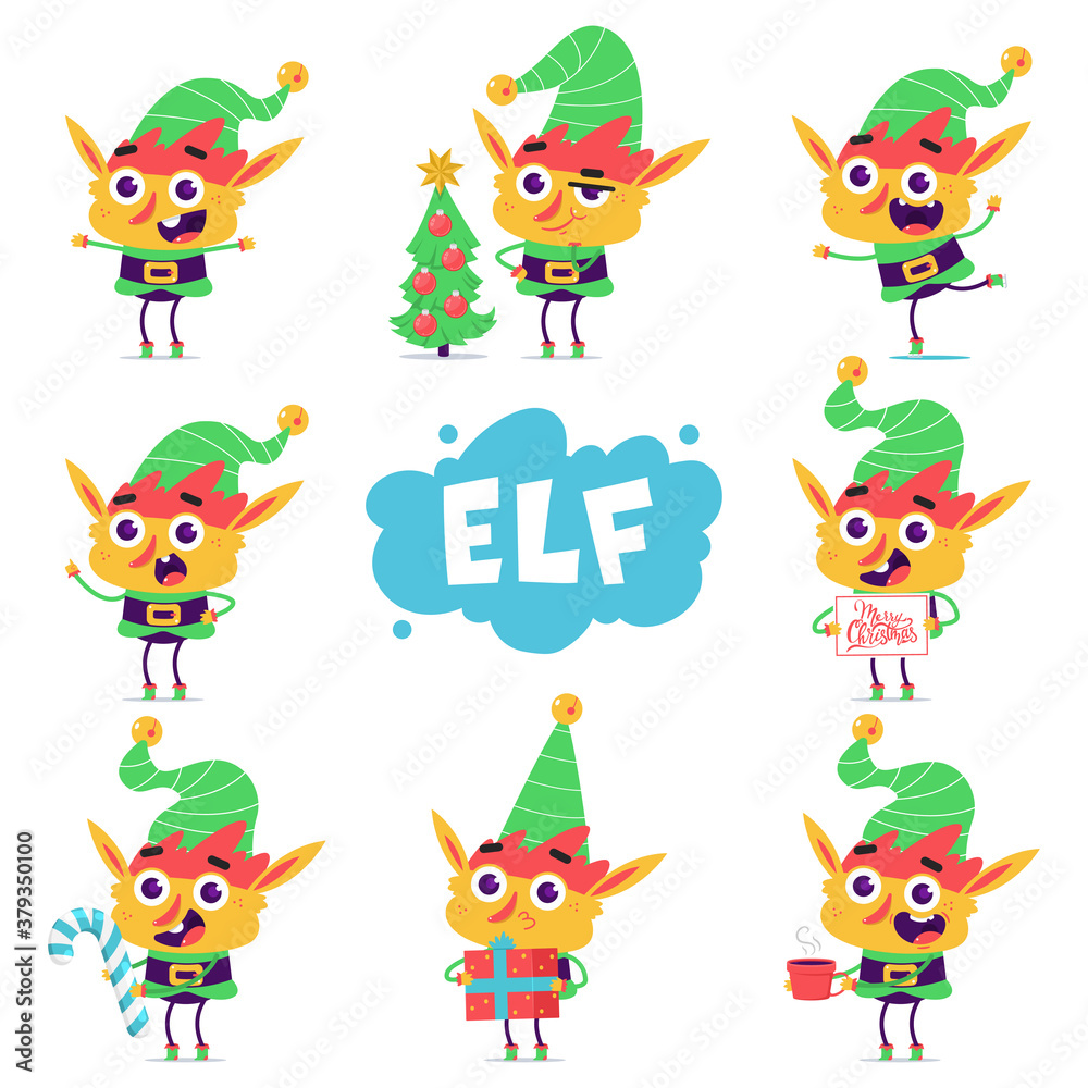 Obraz premium Cute Christmas elf vector cartoon characters set isolated on white background.