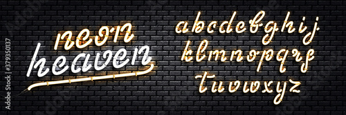 Vector realistic isolated neon sign of Cursive Neon font for template decoration and covering on the wall background.