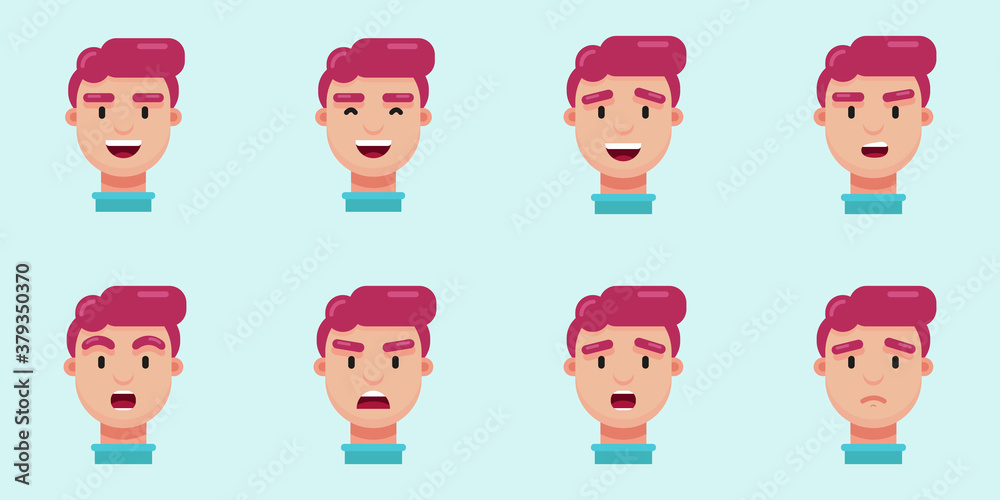Casual cartoon character in different emotions. Geometric vector set of 8 editable face illustrations. Casual cartoon character in different emotions. Geometric vector set of 8 editable face illustrations.