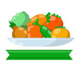 Salad of vegetables on plate - healthy vegetarian lunch. Diet for weight loss with blank text tape - Cartoon flat illustration. Mixture of onion, tomato, carrot, pepper, broccoli and cucumber