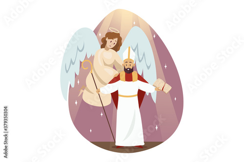 St. Isidores day, religion, christianity, bible concept. Angel biblical religious character supporting holding Saint Isidore head ancient philosopher patron of Internet. Catholic holiday illustration.