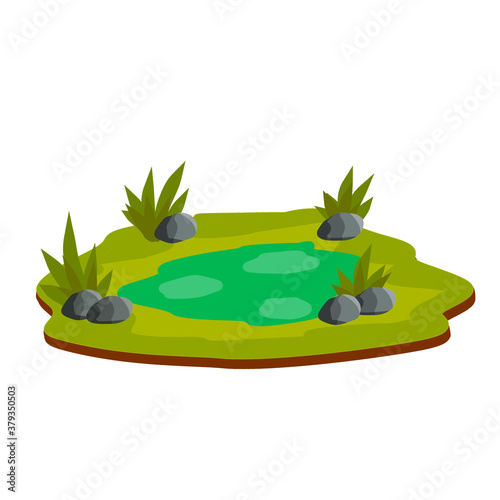 Pond and swamp, lake. Landscape with grass, stones. Platform and ground. Background for illustration. Flat cartoon. Element of nature and forests and water