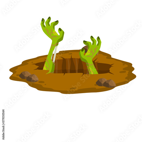 Grave. Hole in brown ground. Green hands of dead zombie. Element of Halloween. Bones and rotting corpse. Scary illustration. Flat cartoon