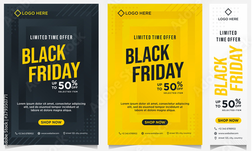 Black Friday event banners, background and social media and flyer template in yellow and black color