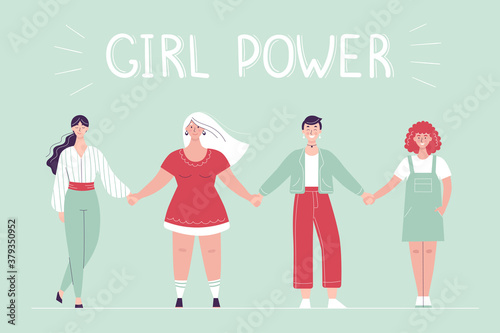 Different women stand in a row and hold hands. Female solidarity concept, girl power, body positive. Flat vector female characters