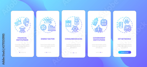 Systems at risk onboarding mobile app page screen with concepts. Government institutions, iot networks walkthrough 5 steps graphic instructions. UI vector template with RGB color illustrations