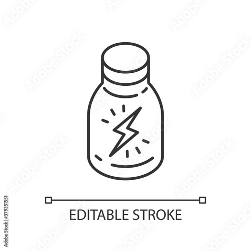Energy shot linear icon. Caffeinated beverage. Drink for stamina. Booze in glass bottle. Thin line customizable illustration. Contour symbol. Vector isolated outline drawing. Editable stroke