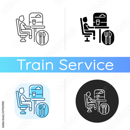 Dining car icon. Linear black and RGB color styles. Traveling with comfort, train restaurant. Train service, onboard buffet. Passenger eating meal on trip isolated vector illustrations