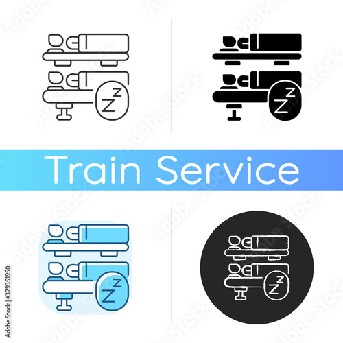 Sleeping car icon. Linear black and RGB color styles. Trip on night train, comfortable intercity travel. Railway transportation service. Sleeping passengers isolated vector illustrations