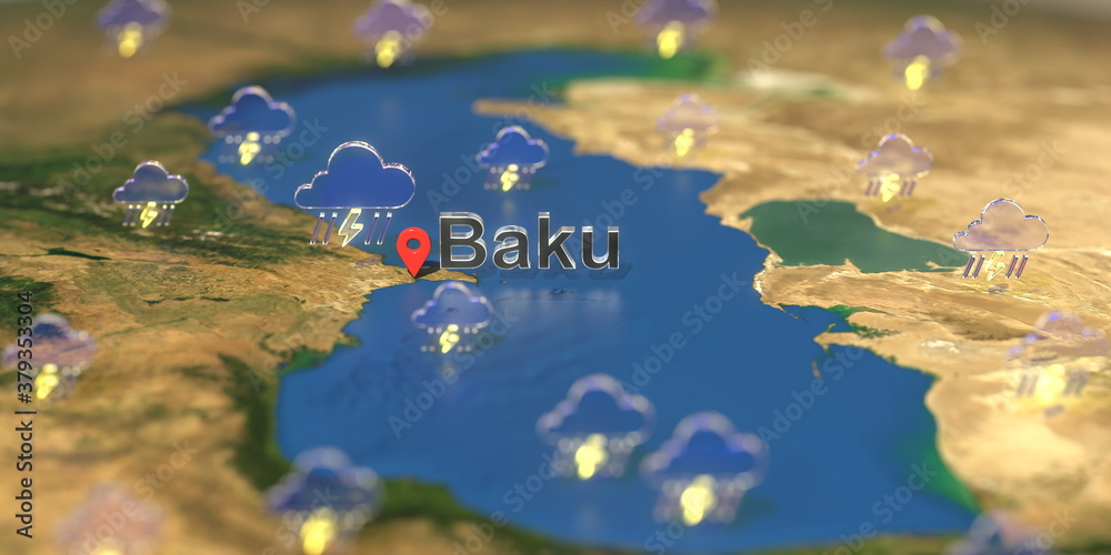 Baku city and stormy weather icon on the map, weather forecast related 3D rendering Baku city and stormy weather icon on the map, weather forecast related 3D rendering