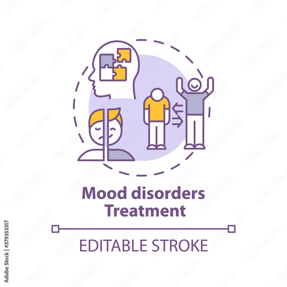 Mood disorders treatment concept icon. Bipolar disorder diagnostics idea thin line illustration. Antidepressants. Depressive episodes. Vector isolated outline RGB color drawing. Editable stroke