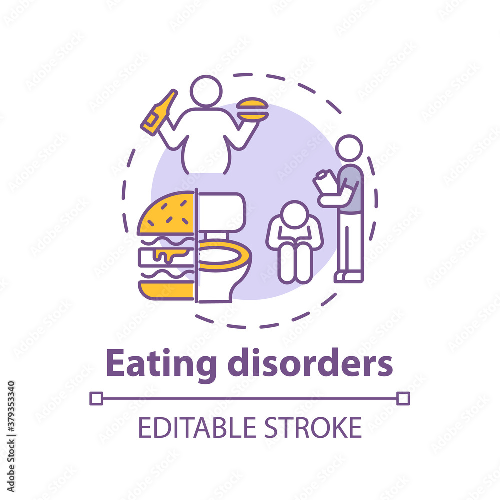 Eating disorders concept icon. Complex mental health conditions idea thin line illustration. Medical and psychological experts intervention. Vector isolated outline RGB color drawing. Editable stroke