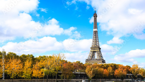 Banner of travel with Cloudy in the morning and Eiffel Tower at Autumn, Paris, France