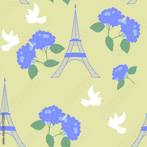 Parisian symbols. Eiffel tower, pigeons and flowers hydrangeas.