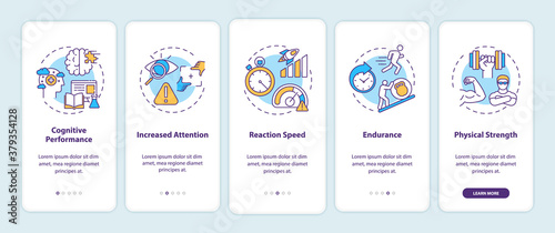 Energy drinks effects onboarding mobile app page screen with concepts. Endurance, attention, reaction walkthrough 5 steps graphic instructions. UI vector template with RGB color illustrations