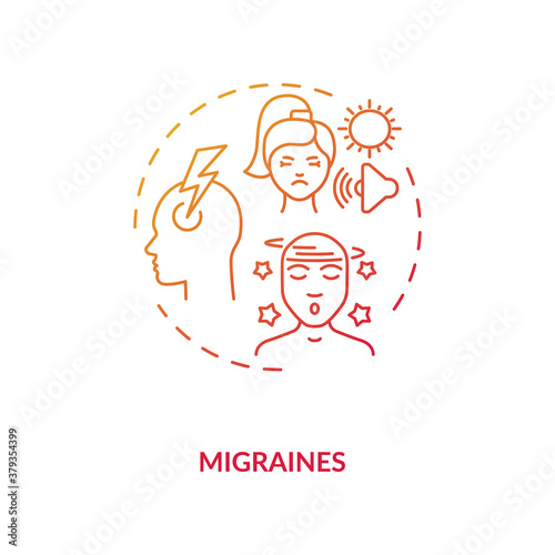 Migraines concept icon. Headache trigger idea thin line illustration. Prevalent neurological disease. Pulsing sensation. Light, sound, smell sensitivity. Vector isolated outline RGB color drawing