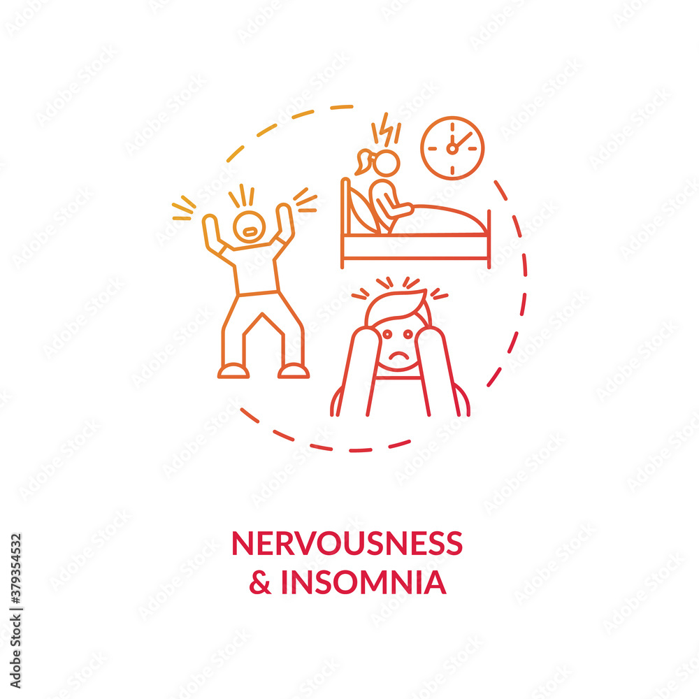 Nervousness and insomnia concept icon. Nervous exhaustion idea thin line illustration. Energy drinks negative effects. Restlessness. Stress and anxiety. Vector isolated outline RGB color drawing