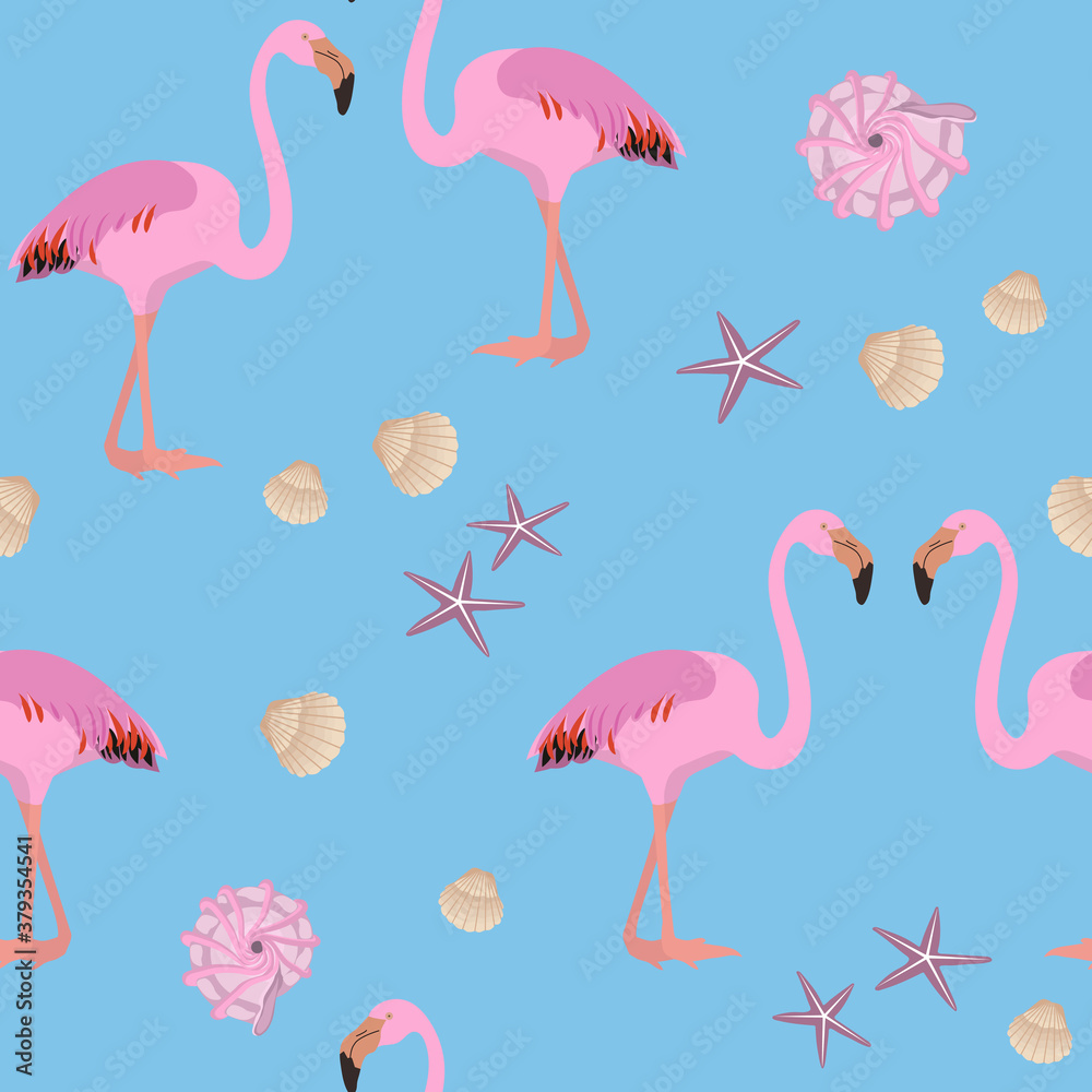Fototapeta premium Seamless summer pattern with pink flamingos and sea shells