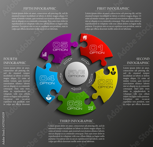 Five sided 3d puzzle presentation infographic template with explanatory text field for business statistics