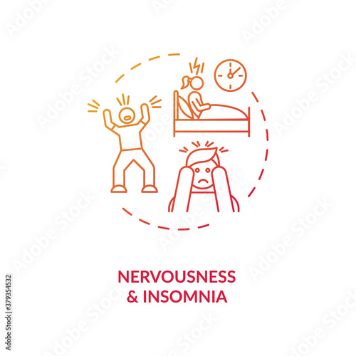 Nervousness and insomnia concept icon. Nervous exhaustion idea thin line illustration. Energy drinks negative effects. Restlessness. Stress and anxiety. Vector isolated outline RGB color drawing