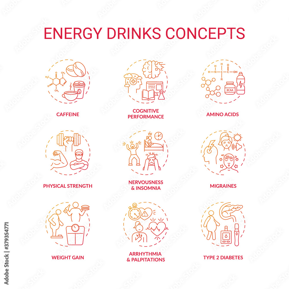 Energy drinks concept icons set. Health problems idea thin line RGB color illustrations. Weight gain. Cognitive performance. Amino acids. Physical strength. Vector isolated outline drawings Energy drinks concept icons set. Health problems idea thin line RGB color illustrations. Weight gain. Cognitive performance. Amino acids. Physical strength. Vector isolated outline drawings