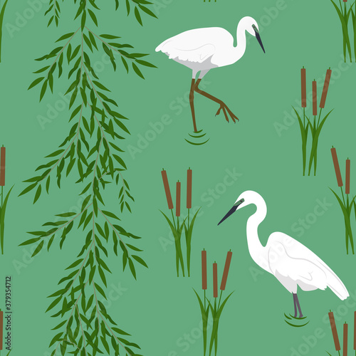 Seamless vectorial realistic illustration with bird of a heron and marsh plants