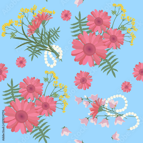 Seamless pattern with gerberas, bells and beads