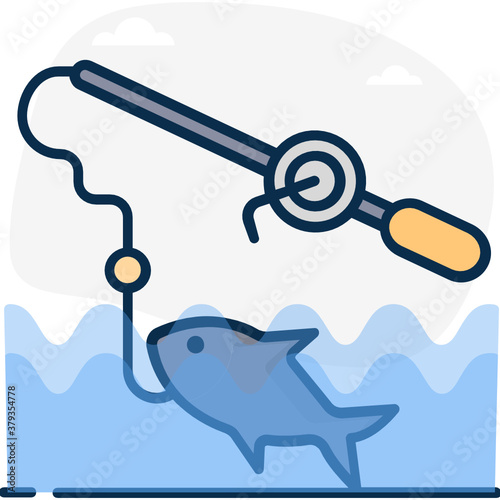 
A rod with loop and fish depicting fishing rod for fish catching 
