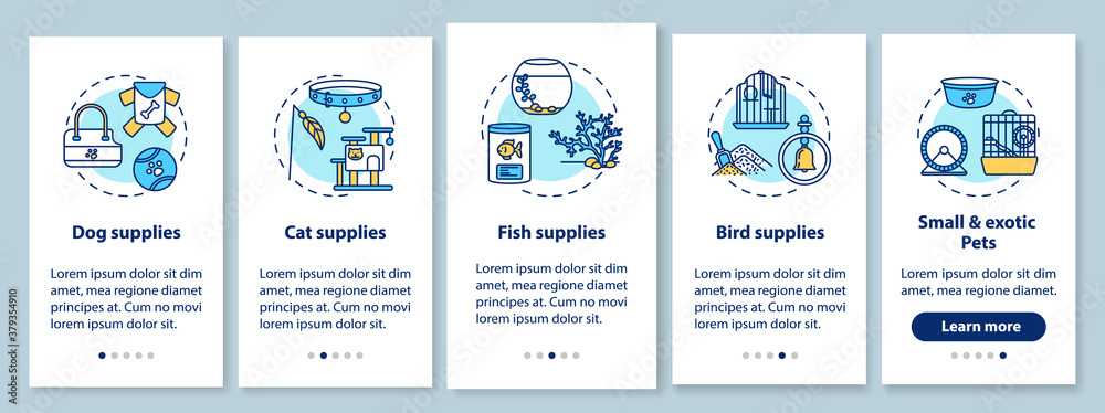 Pet store offers onboarding mobile app page screen with concepts. Animal supplies store ideas walkthrough 5 steps graphic instructions. UI vector template with RGB color illustrations