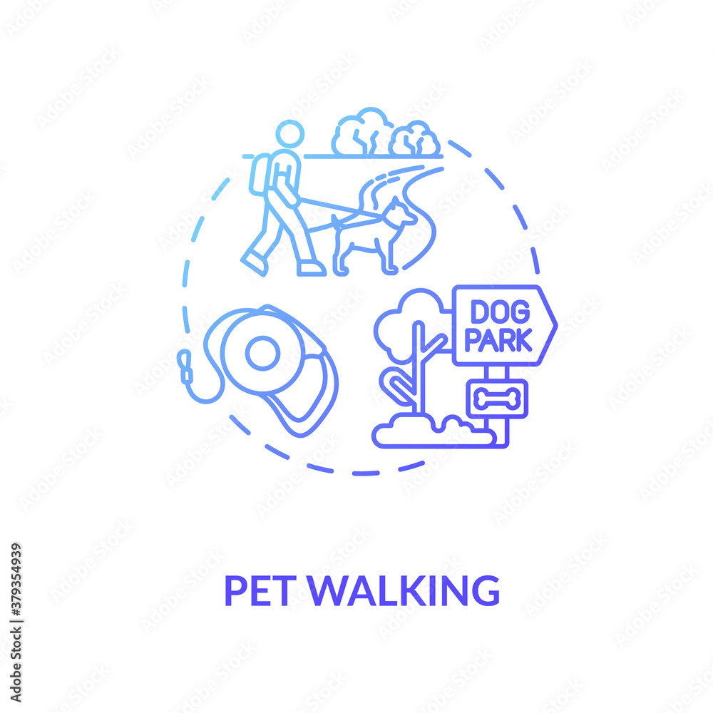 Pet walking concept icon. Pet services options. Animal best time spending types. Park walking time. Activities idea thin line illustration. Vector isolated outline RGB color drawing. Pet walking concept icon. Pet services options. Animal best time spending types. Park walking time. Activities idea thin line illustration. Vector isolated outline RGB color drawing.
