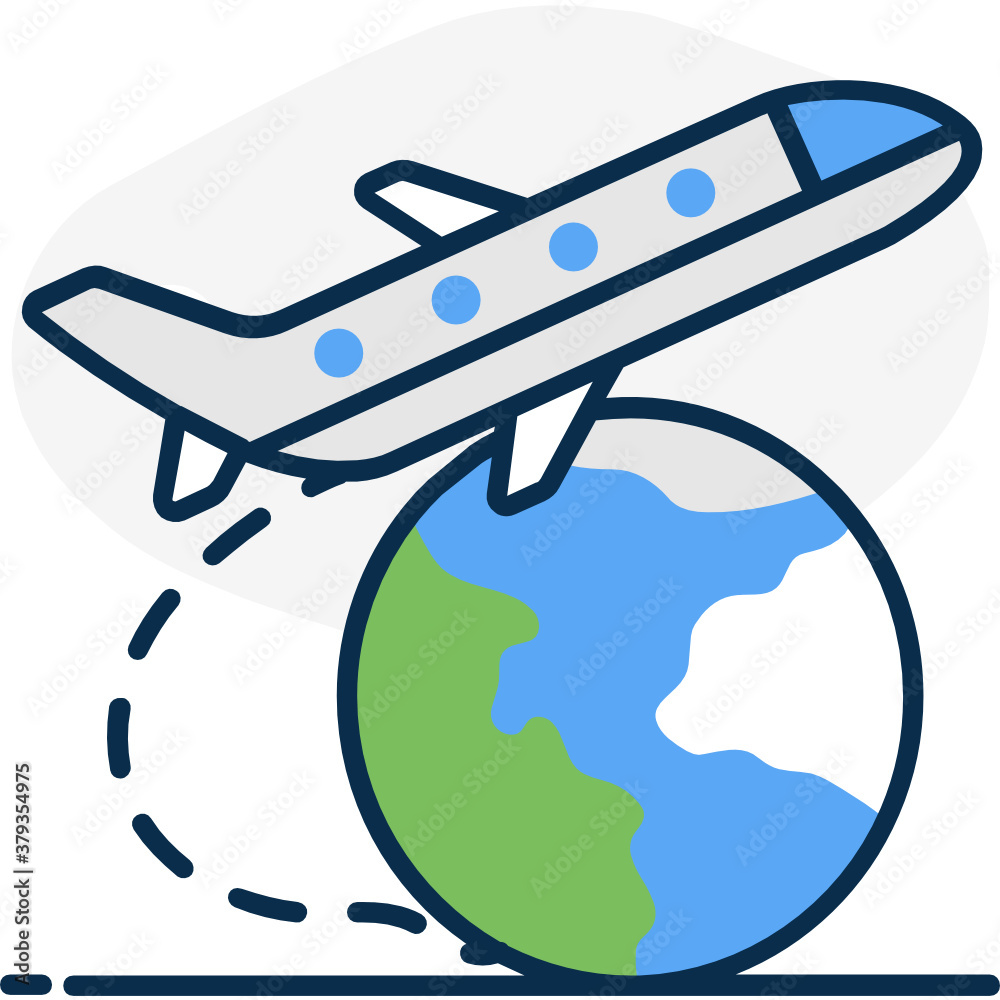 Globe with aeroplane symbolising air travel icon