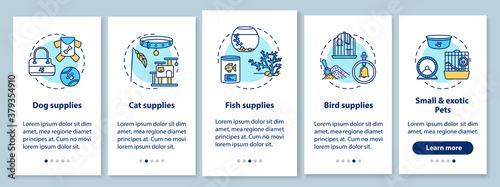 Pet store offers onboarding mobile app page screen with concepts. Animal supplies store ideas walkthrough 5 steps graphic instructions. UI vector template with RGB color illustrations © bsd studio