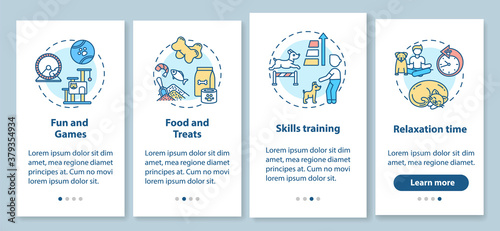 Dogs day camp services onboarding mobile app page screen with concepts. Animal skills upgrading ideas walkthrough 4 steps graphic instructions. UI vector template with RGB color illustrations