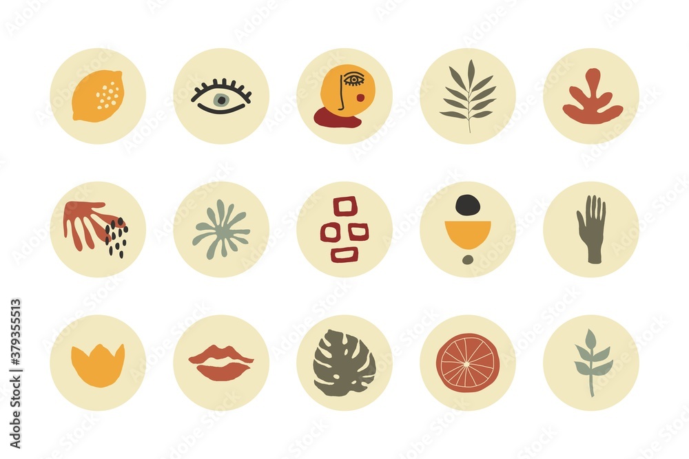 Abstract story highlight cover. Hand drawn shapes doodle set boho contemporary style. Vector round social media stories for bloggers
