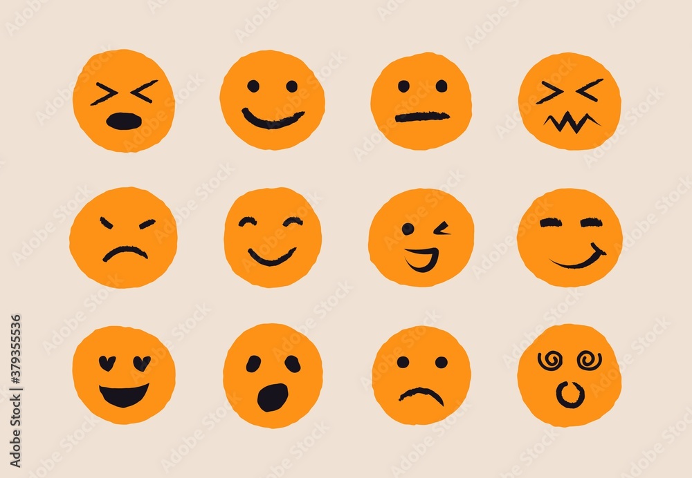 Abstract doodle avatars. Hand drawn ink emoji faces, emoticons sketch ink brush icons of happy sad face. Vector illustration Abstract doodle avatars. Hand drawn ink emoji faces, emoticons sketch ink brush icons of happy sad face. Vector illustration