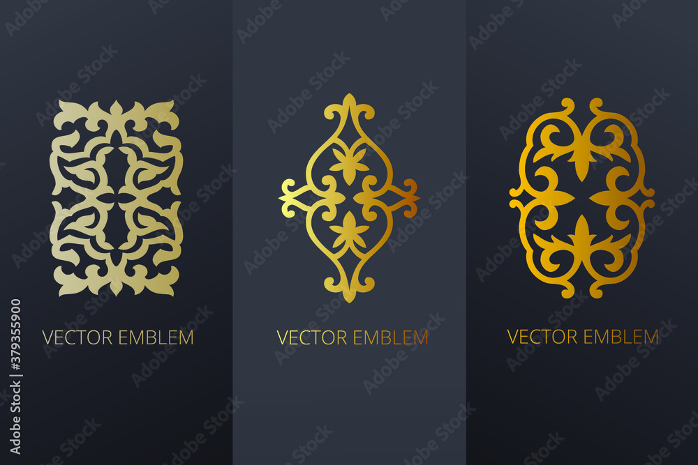 Golden ornament of curls and spirals on black background. 3d ramadan islamic round pattern elements. Geometric logo template set. Circular ornamental arabic symbols. Vintage floral seamless pattern. Golden ornament of curls and spirals on black background. 3d ramadan islamic round pattern elements. Geometric logo template set. Circular ornamental arabic symbols. Vintage floral seamless pattern.