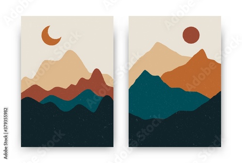 Abstract bohemian mountain landscapes. Contemporary posters, boho background set, modern vector sun moon mountains wall decor