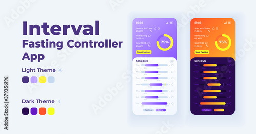Interval fasting controller smartphone interface vector template set. Mobile app page light and dark theme design layout. Daily diet tracker screen. Flat UI for application. Phone display