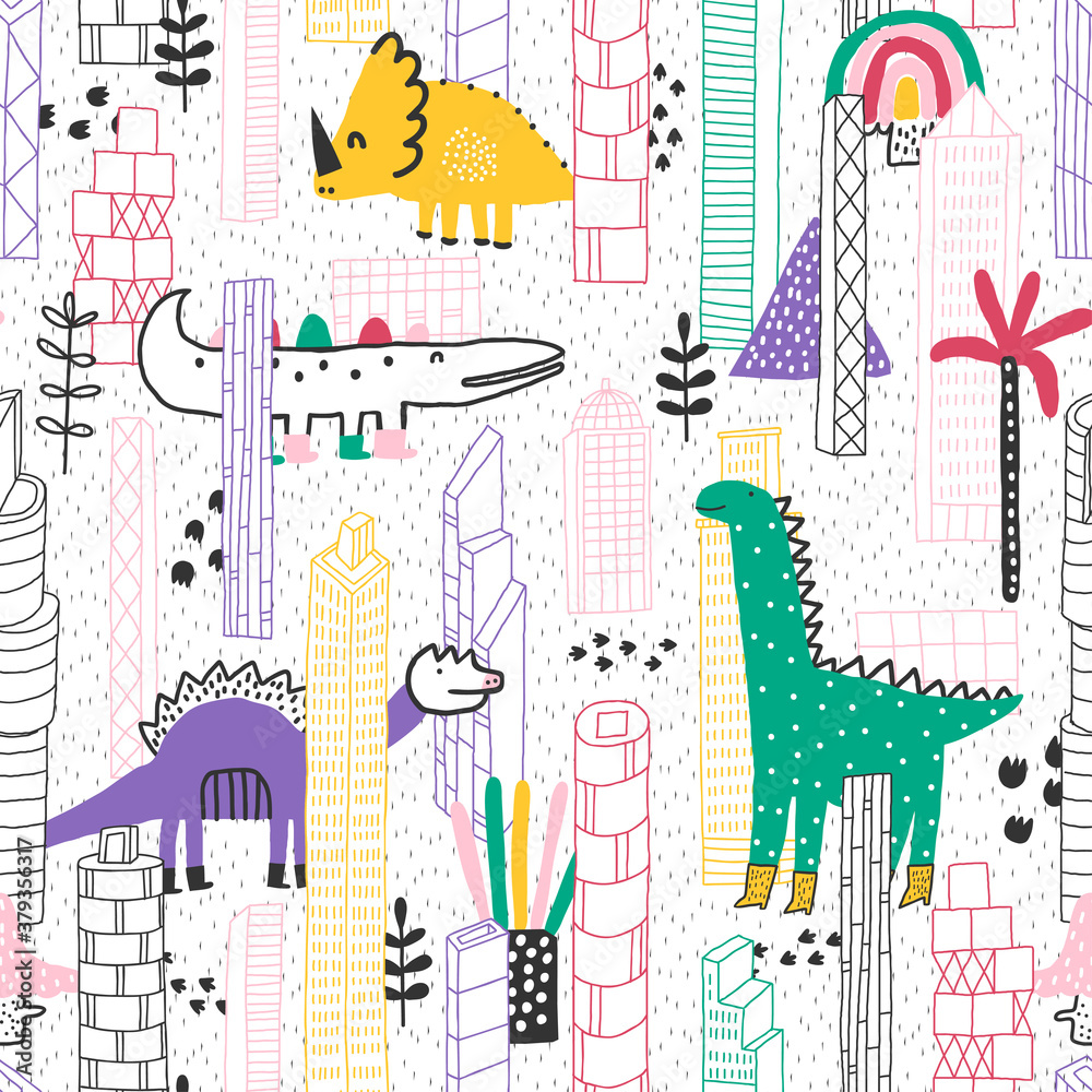 Dinosaurs in the big city. Cute seamless pattern. Creative vector background for fabric, textile, nursery wallpaper. Hand drawn city.