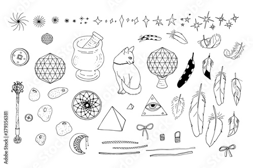 Hand drawn doodle set of black line art in boho style. Collection of stars, feathers and stones. Isolated on white background. Vector