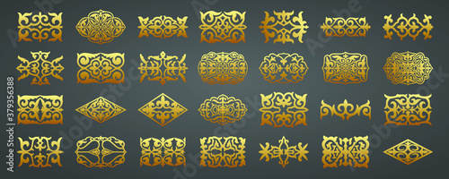 Set of 28 islamic golden ornaments on black background in vector. Circular ornamental arabic symbols. Abstract Asian elements of the national pattern of the ancient nomads of the Kazakhs, Tatars.