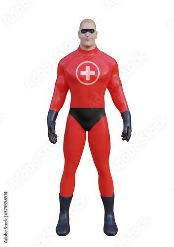 Doctor wearing superhero mask and red costume. Protection concept against viruses and diseases and superhero power for medicine