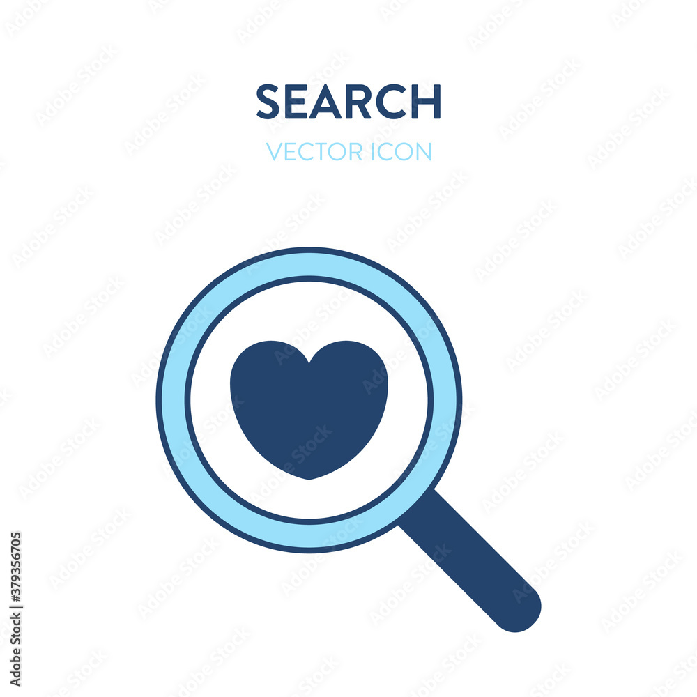 Heart love search icon. Vector illustration of a magnifier tool with heart shape on it. Represents concept of searching for love, romance, finding soulmate Heart love search icon. Vector illustration of a magnifier tool with heart shape on it. Represents concept of searching for love, romance, finding soulmate