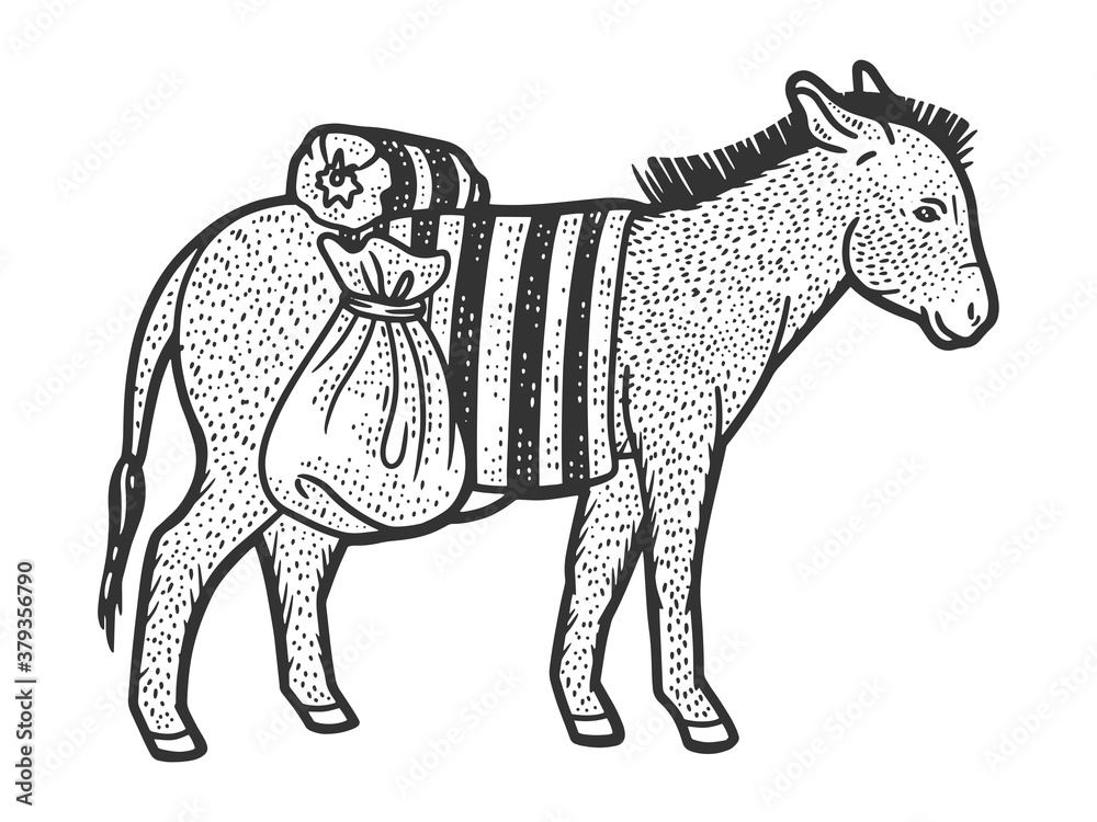 Obraz premium Donkey carrying heavy loads. Sketch scratch board imitation.