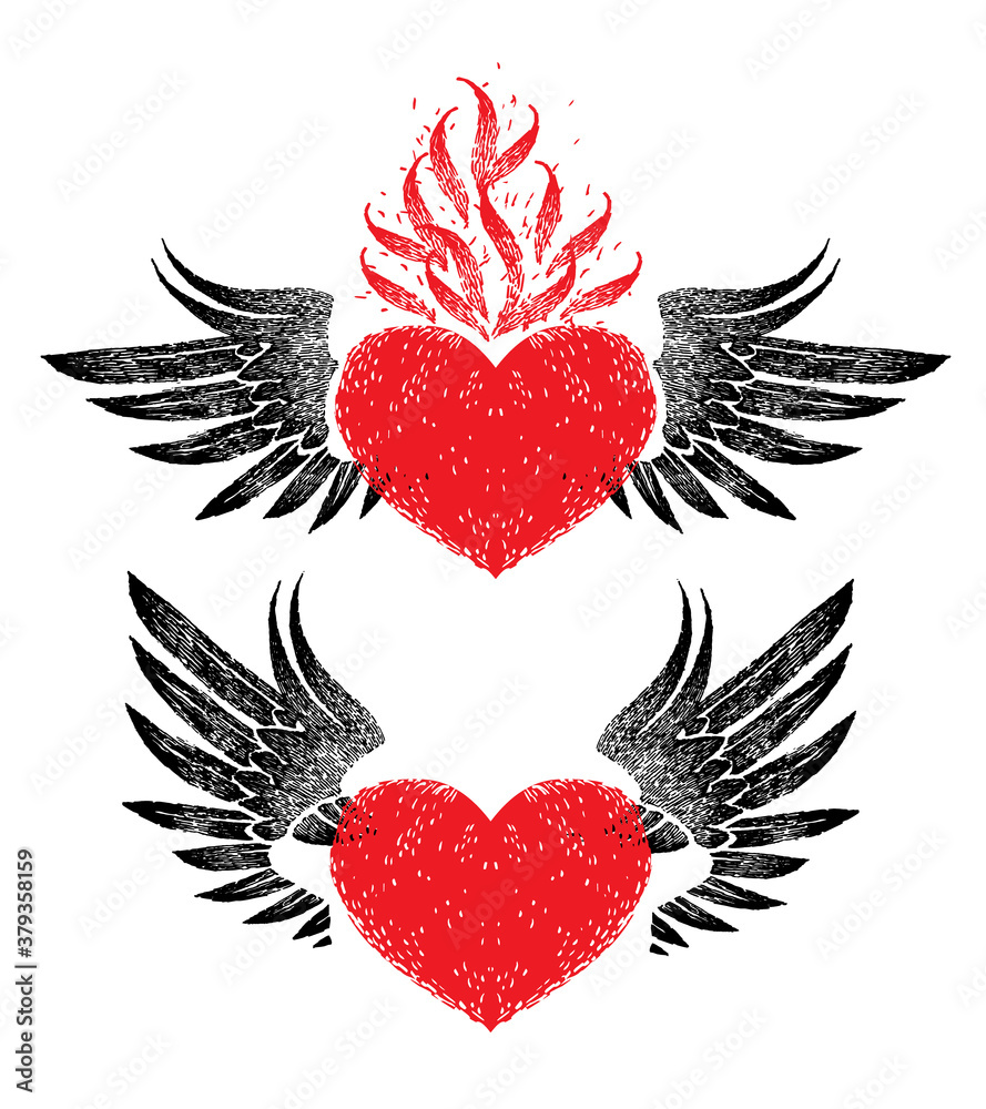 vintage graphic red heart with open black wings in retro style on a white background. Vector for logo, label, emblem, sign, trademark, tattoo, art.