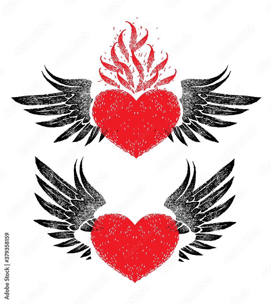 Fototapeta premium vintage graphic red heart with open black wings in retro style on a white background. Vector for logo, label, emblem, sign, trademark, tattoo, art.